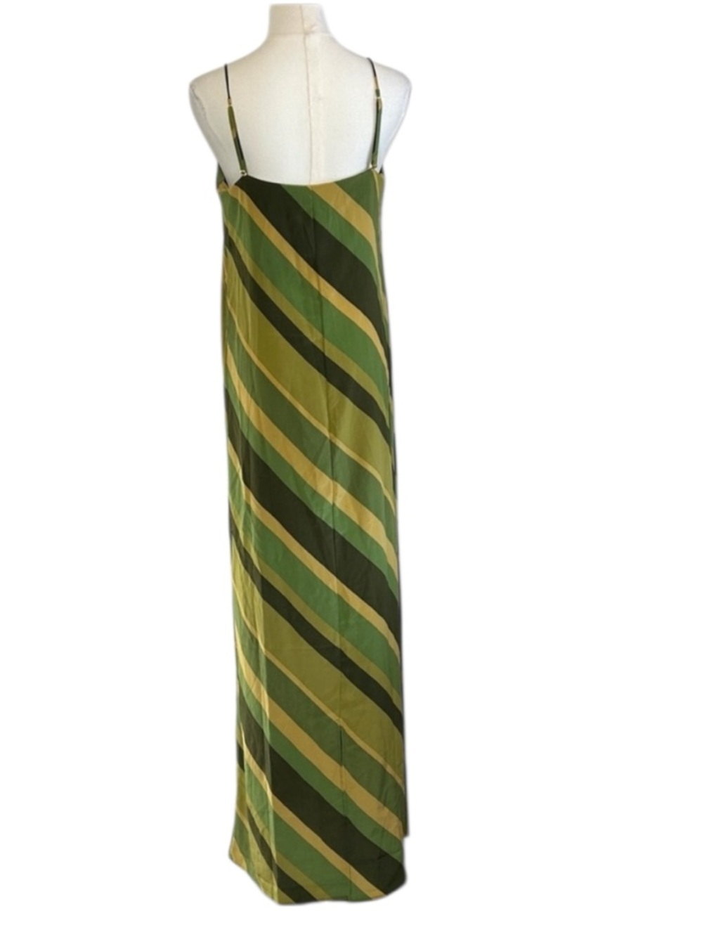 Striped Maxi Dress Green Silky Spaghetti Strap Long Size Medium - Picture 2 of 9